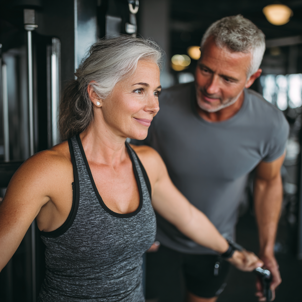 Mature adult following personalized workout routine with professional guidance