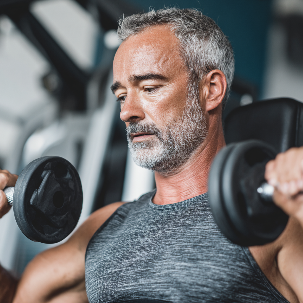 Middle-aged person doing strength training with modern equipment